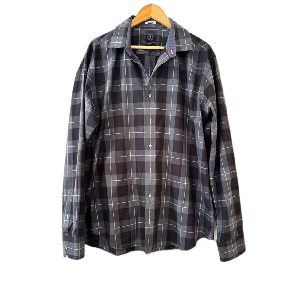 Bugatchi Uomo Blue-Grey Black Plaid Men's Dress Shirt Plain Front Shaped Fit Med